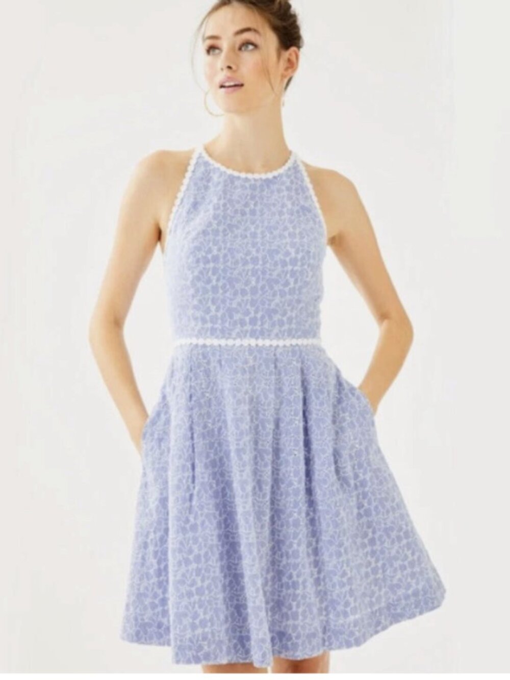 Lilly Pulitzer Tori Dress Crew Blue Tint Yarn Dye Stripe Floral Eyelet